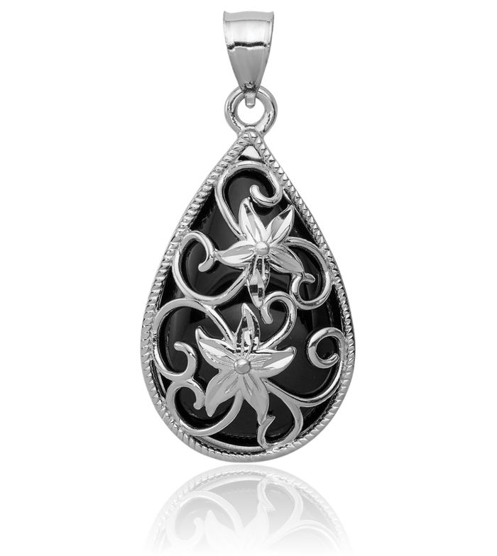 925 Sterling Silver Antique Filigree Flower Black Onyx Teardrop Dangling Necklace Charm Gemstone Pendant