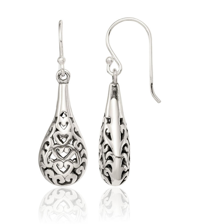 925 Sterling Silver Vintage Antique Filigree Heart Drop Dangle Earrings