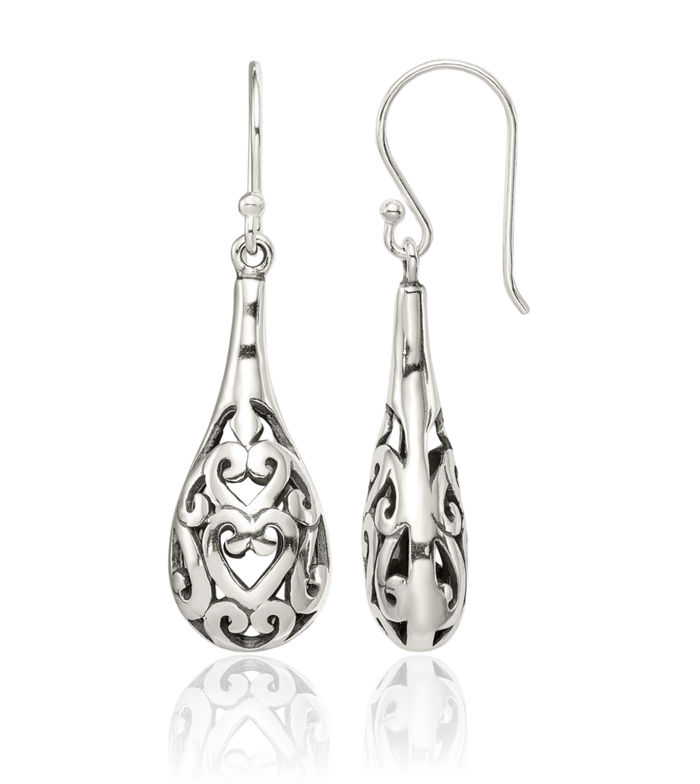 925 Sterling Silver Vintage Antique Filigree Heart Teardrop Drop Dangle Earrings