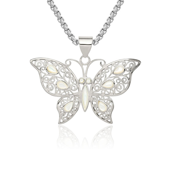 925 Sterling Silver Antique Filigree Mother of Pearl Butterfly Wings Necklace Chain Pendant Charm