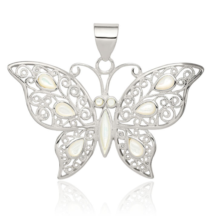 925 Sterling Silver Antique Filigree Mother of Pearl Butterfly Wings Necklace Chain Pendant Charm