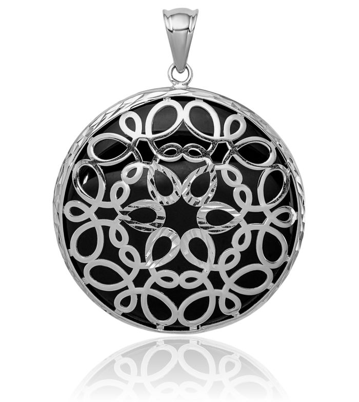 925 Sterling Silver Antique Filigree Black Onyx Circle Round Dangling Necklace Charm Gemstone Pendant