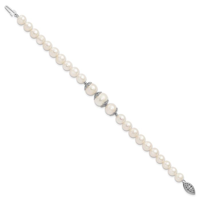 925 Sterling Silver 7 10mm White Near Round Freshwater Cultured Pearl Chain Bracelet