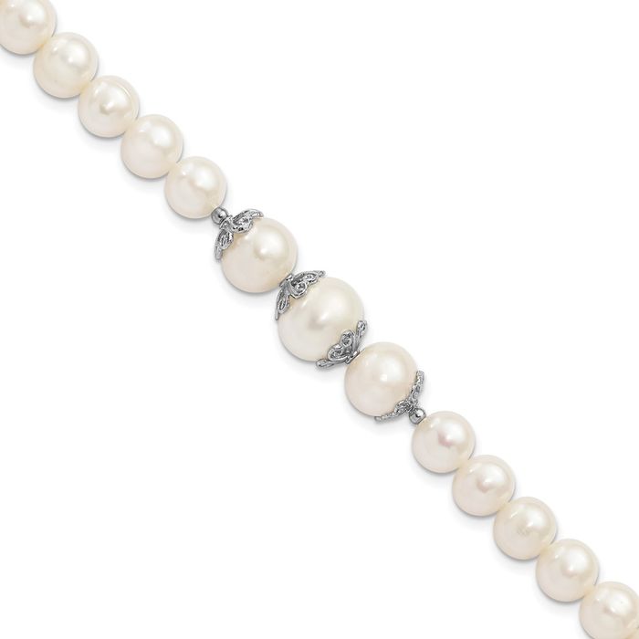 925 Sterling Silver 7 10mm White Near Round Freshwater Cultured Pearl Chain Bracelet