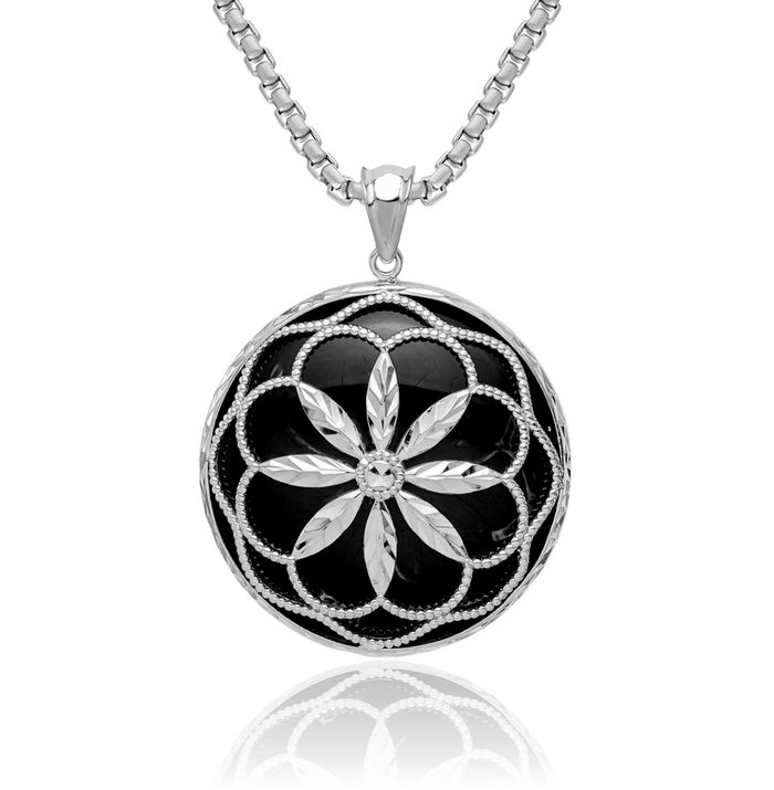 925 Sterling Silver Antique Filigree Starburst Black Onyx Circle Round Dangling Necklace Charm Gemstone Pendant