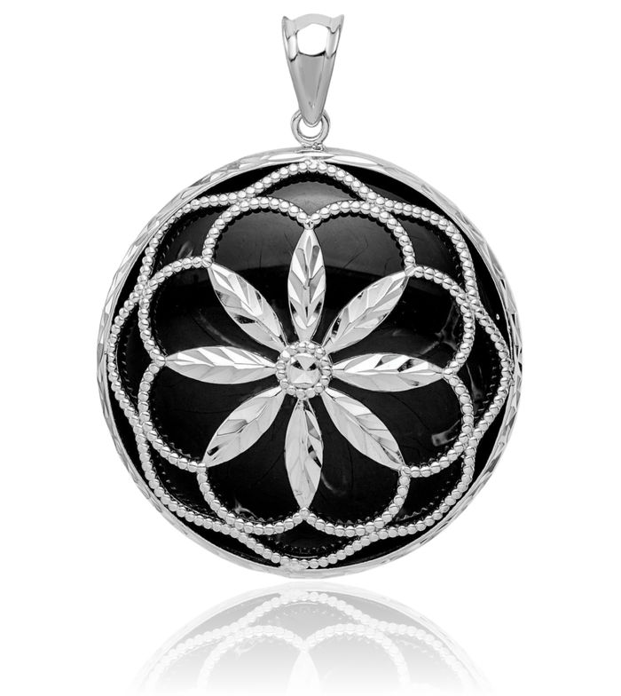 925 Sterling Silver Antique Filigree Starburst Black Onyx Circle Round Dangling Necklace Charm Gemstone Pendant