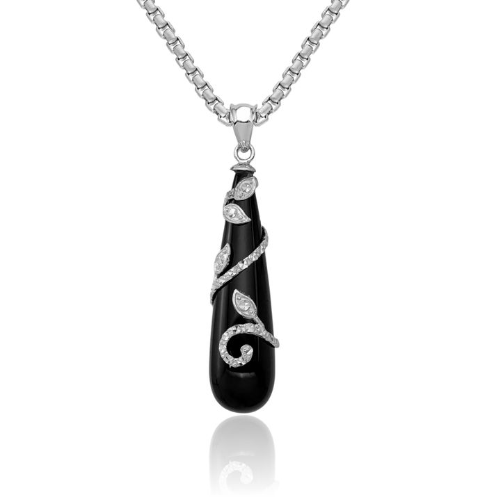 925 Sterling Silver Antique Filigree Vine Wrap Black Onyx Teardrop Dangling Necklace Charm Gemstone Pendant