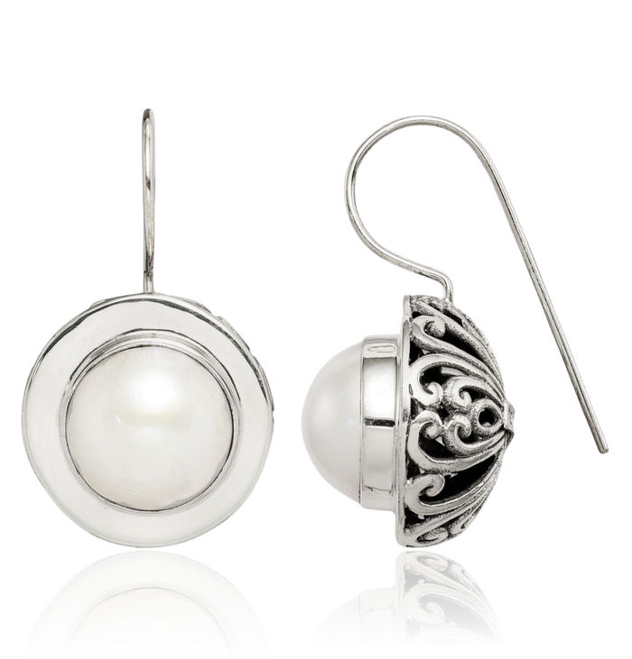 925 Sterling Silver Vintage Antique Filigree White 12mm Freshwater Cultured Mabe Pearl Drop Dangle Earrings