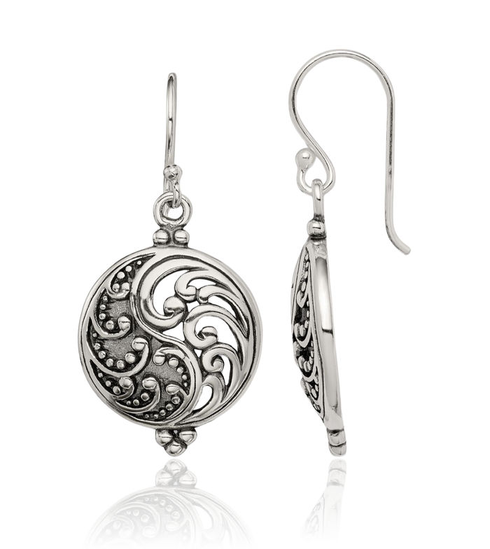925 Sterling Silver Vintage Antique Filigree Yin Yang Drop Dangle Earrings