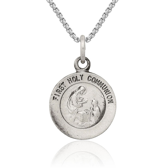 925 Sterling Silver Vintage First Holy Communion Medal Necklace Chain Pendant Charm