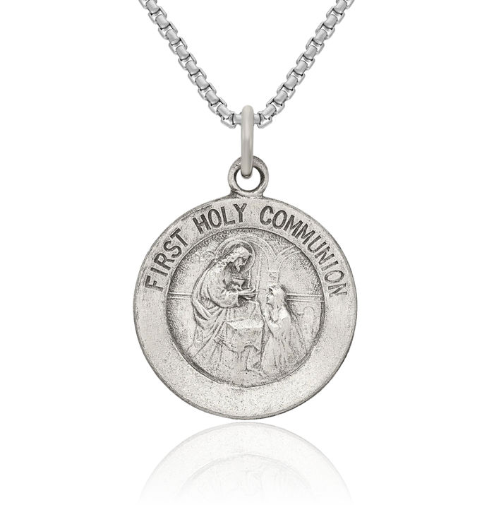 925 Sterling Silver Vintage First Holy Communion Medal Necklace Chain Pendant Charm