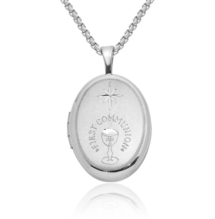 925 Sterling Silver First Holy Communion Oval Personalized Photo Locket Necklace Picture Pendant Charm