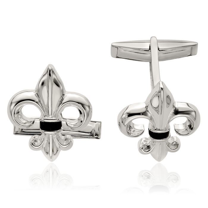 925 Sterling Silver Fleur De Lis Flower Black Onyx Cuff Links