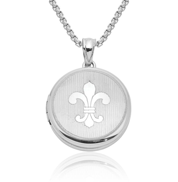 925 Sterling Silver Fleur De Lis Flower Round Personalized Photo Locket Necklace Picture Pendant Charm