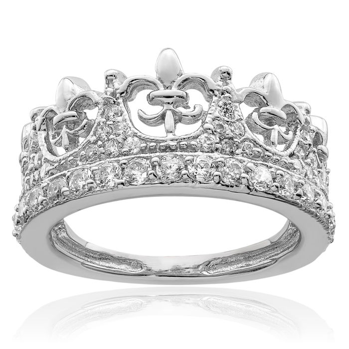 925 Sterling Silver French Fleur De Lis Lily Flower Royal Princess Crown Cubic Zirconia CZ Ring Religious Saint Band