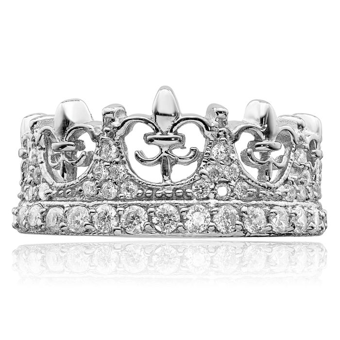 925 Sterling Silver French Fleur De Lis Lily Flower Royal Princess Crown Cubic Zirconia CZ Ring Religious Saint Band