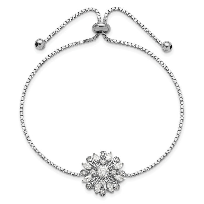 925 Sterling Silver Flower Cubic Zirconia CZ Adjustable Bolo Wrap Bracelet