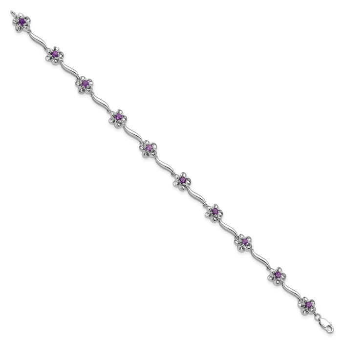 925 Sterling Silver Flower Purple Amethyst Chain Tennis Charm Bracelet