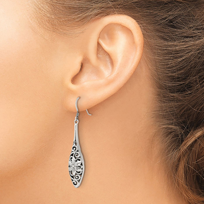 925 Sterling Silver Vintage Flower Teardrop Drop Dangle Earrings