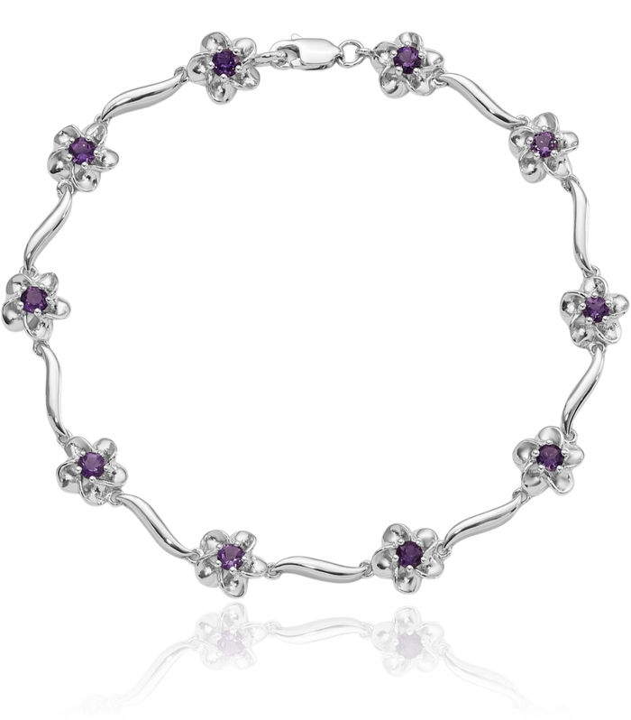 925 Sterling Silver Flower Purple Amethyst Chain Tennis Charm Bracelet