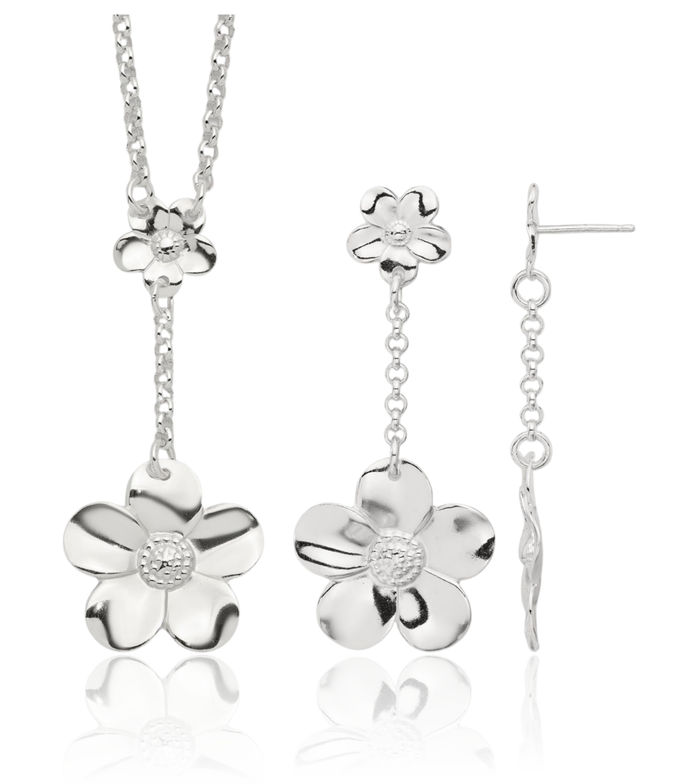 925 Sterling Silver Flower Chain Necklace Drop Dangle Earrings Set