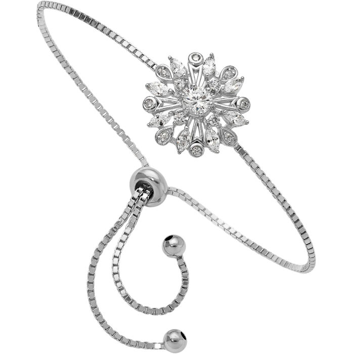 925 Sterling Silver Flower Cubic Zirconia CZ Adjustable Bolo Wrap Bracelet