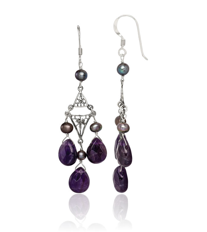 925 Sterling Silver Vintage Flower Antique Filigree Purple Amethyst Freshwater Cultured Pearl Drop Dangle Earrings