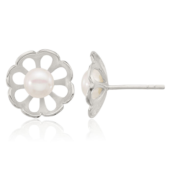 925 Sterling Silver Flower Freshwater Cultured Pearl Stud Earrings