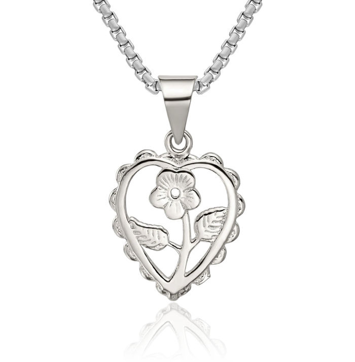 925 Sterling Silver Flower Heart Necklace Love Pendant Charm