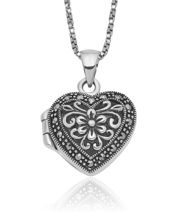 925 Sterling Silver Flower Marcasite Heart Personalized Photo Locket Necklace Chain