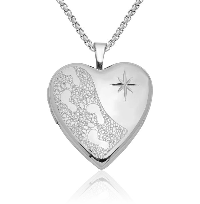 925 Sterling Silver Footprints Heart Personalized Photo Locket Necklace Picture Pendant Charm
