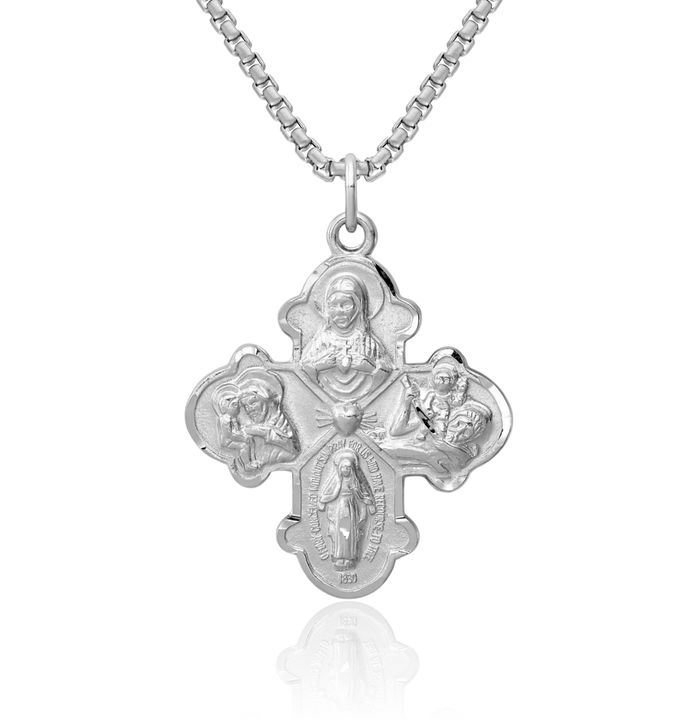 925 Sterling Silver Four Way Holy Cross Religious Medal Necklace Christian Pendant Scapular Charm