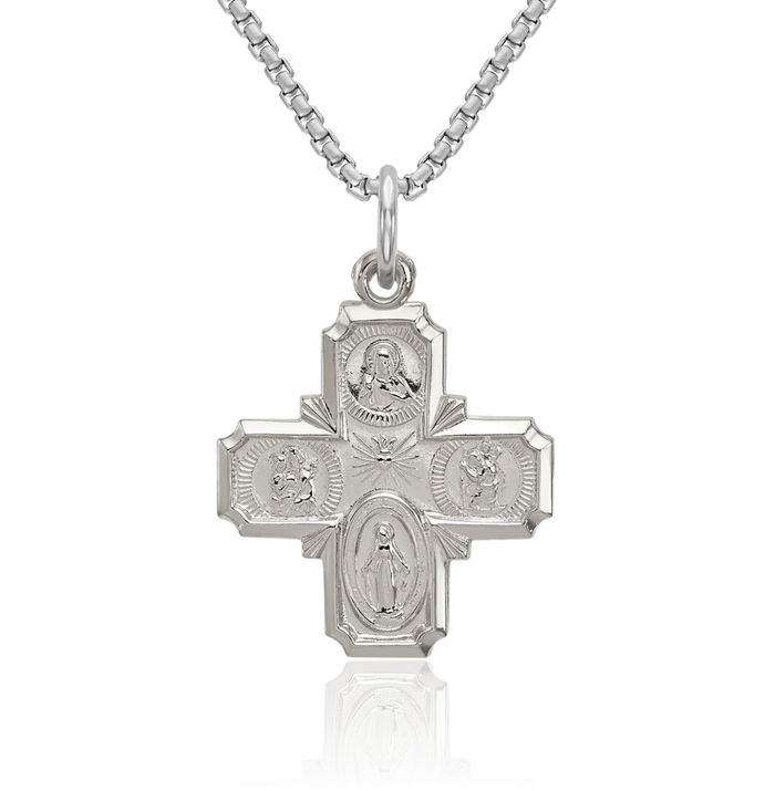 925 Sterling Silver Four Way Holy Cross Religious Medal Necklace Christian Pendant Scapular Charm