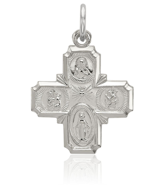 925 Sterling Silver Four Way Holy Cross Religious Medal Necklace Christian Pendant Scapular Charm