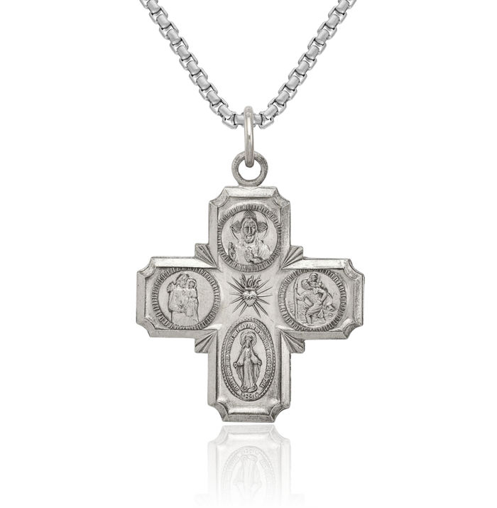 925 Sterling Silver Vintage Four Way Holy Cross Religious Medal Necklace Christian Pendant Scapular Charm