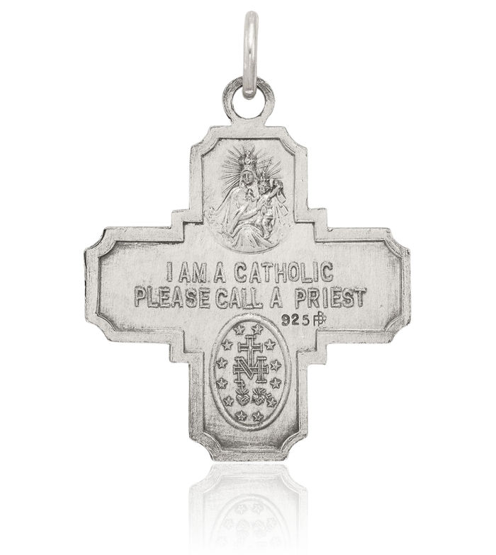 925 Sterling Silver Vintage Four Way Holy Cross Religious Medal Necklace Christian Pendant Scapular Charm