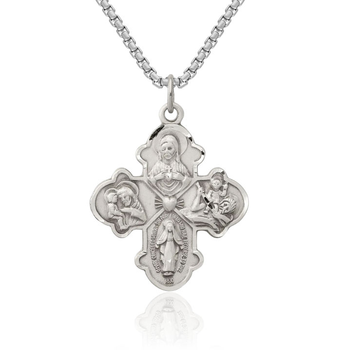 925 Sterling Silver Vintage Four Way Holy Cross Religious Medal Necklace Christian Pendant Scapular Charm