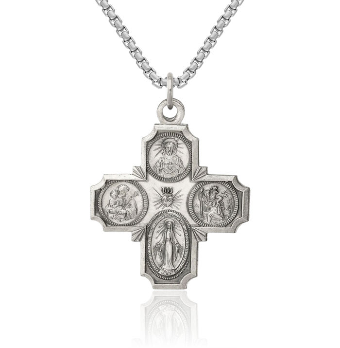 925 Sterling Silver Vintage Four Way Holy Cross Religious Medal Necklace Christian Pendant Scapular Charm