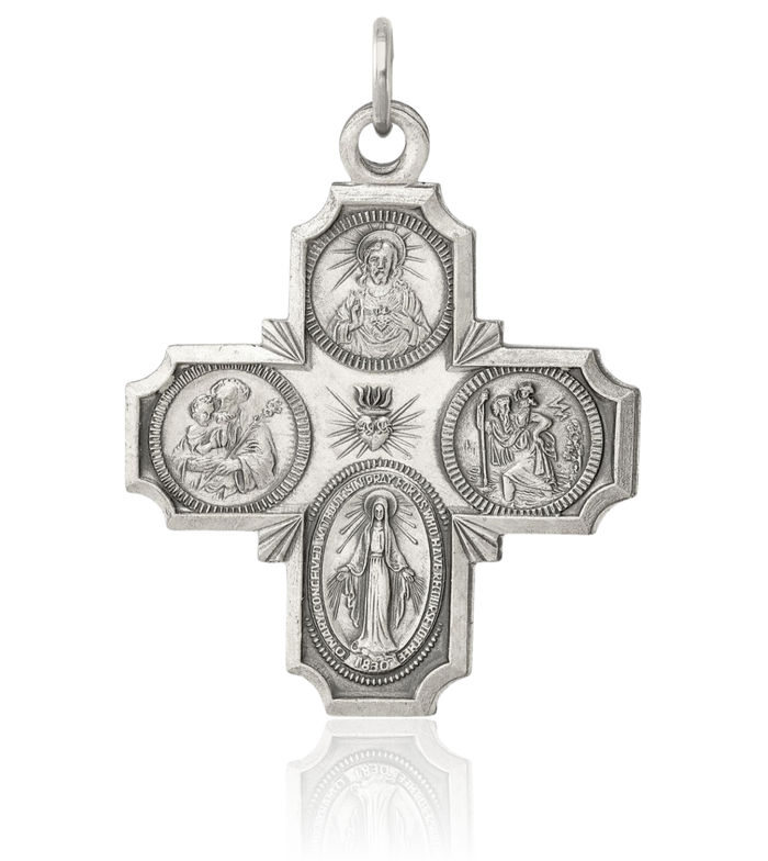 925 Sterling Silver Vintage Four Way Holy Cross Religious Medal Necklace Christian Pendant Scapular Charm