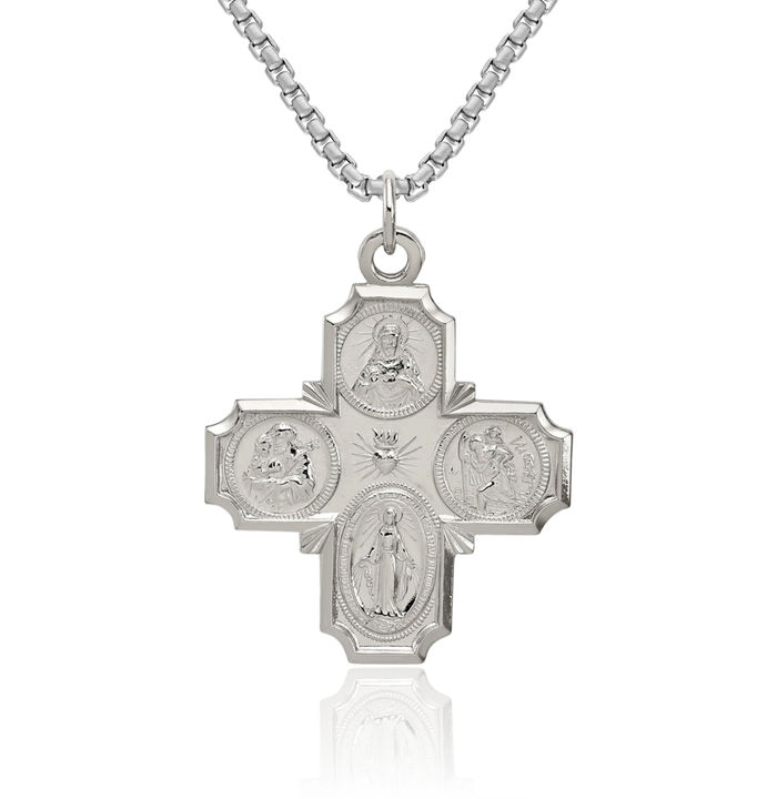 925 Sterling Silver Four Way Holy Cross Reversible Religious Medal Necklace Christian Pendant Scapular Charm