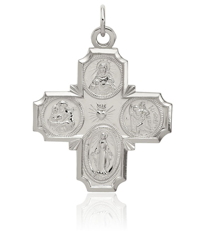 925 Sterling Silver Four Way Holy Cross Reversible Religious Medal Necklace Christian Pendant Scapular Charm