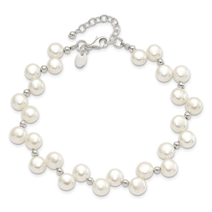 925 Sterling Silver Freshwater Cultured Button Pearl Chain Bracelet - Picture 11 of 12