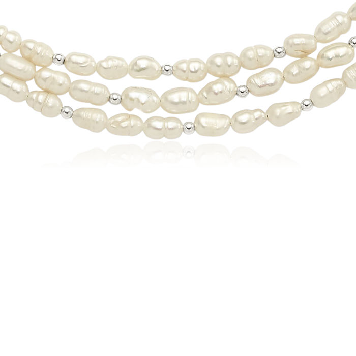 925 Sterling Silver Freshwater Cultured Pearl 3 Strand Layering Necklace Chain