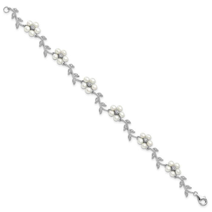 925 Sterling Silver Cubic Zirconia CZ Vine Freshwater Cultured Pearl Flower Chain Charm Bracelet