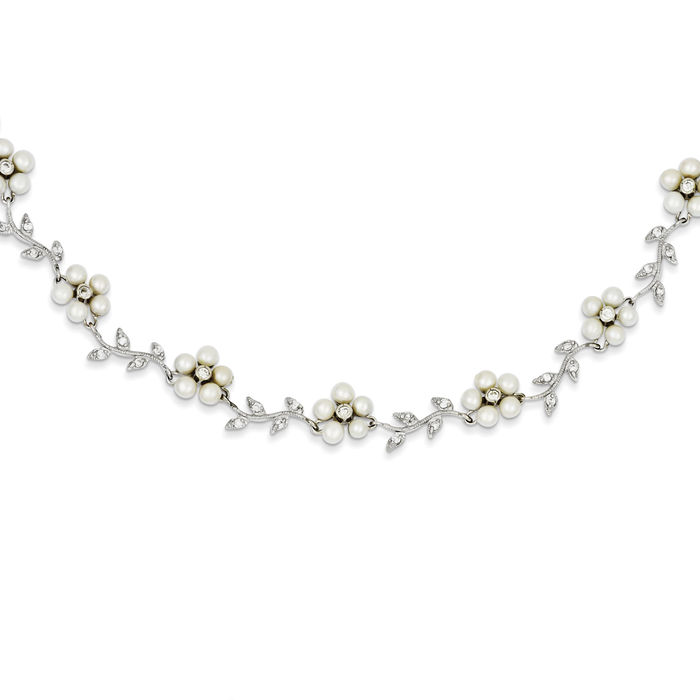 925 Sterling Silver Cubic Zirconia CZ Vine Freshwater Cultured Pearl Flower Necklace Chain