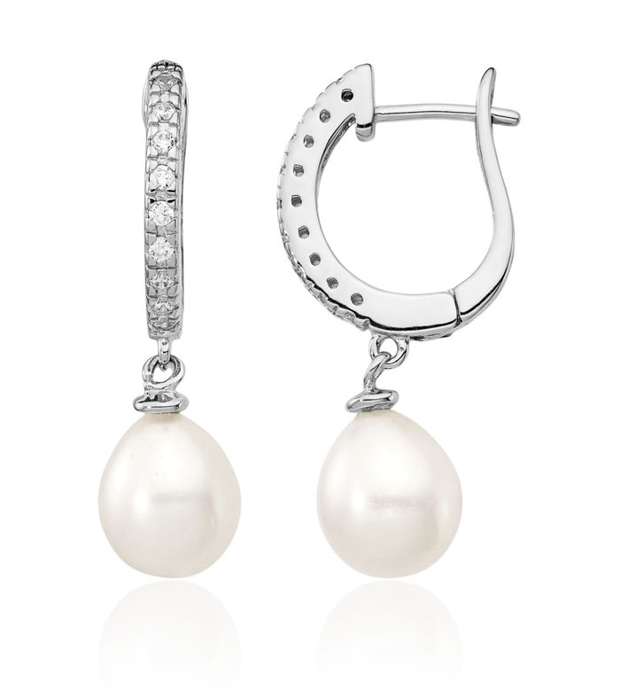 925 Sterling Silver Freshwater Cultured Pearl Cubic Zirconia CZ Drop Dangle Earrings