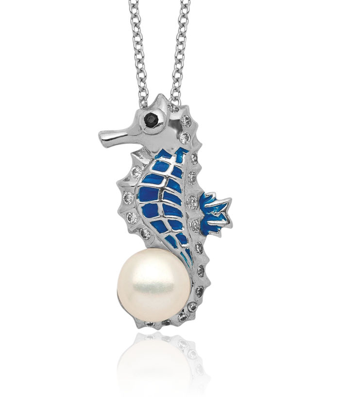 925 Sterling Silver Freshwater Cultured Pearl Cubic Zirconia CZ Seahorse Necklace Chain