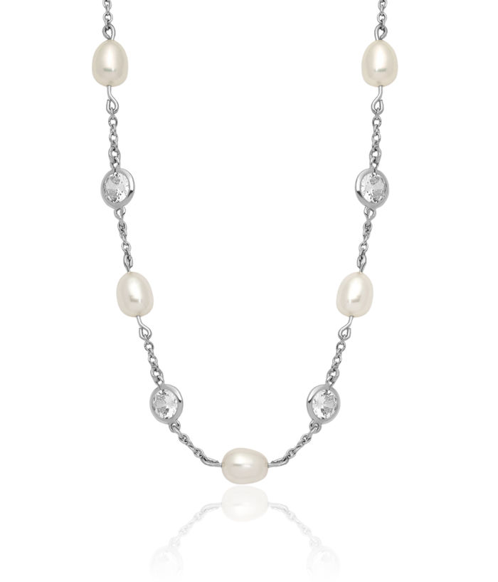 925 Sterling Silver Freshwater Cultured Pearl Cubic Zirconia CZ Station Necklace Chain