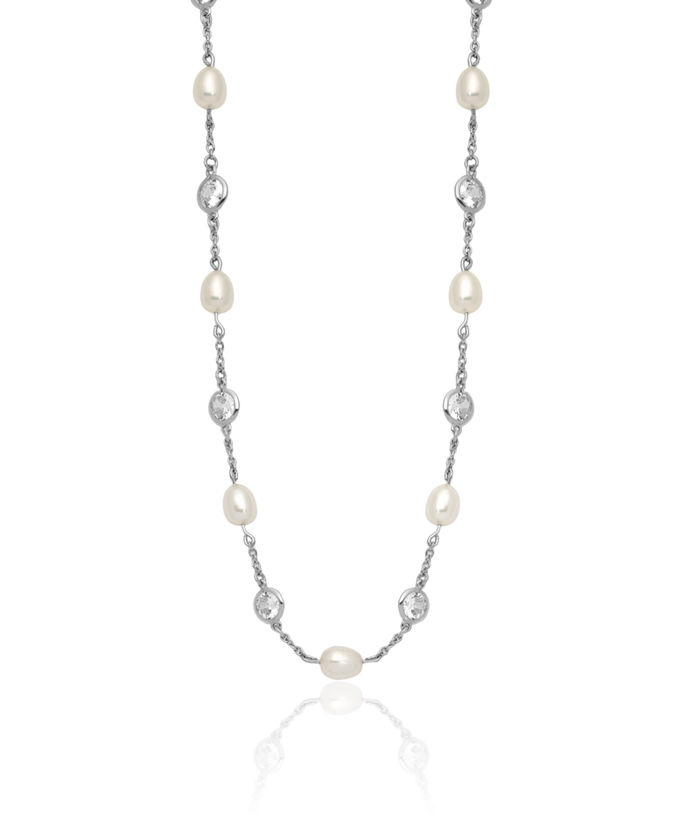 925 Sterling Silver Freshwater Cultured Pearl Cubic Zirconia CZ Station Necklace Chain