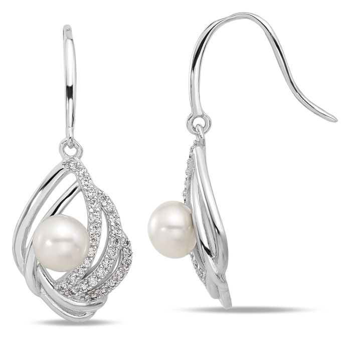 925 Sterling Silver Freshwater Cultured Pearl Cubic Zirconia CZ Teardrop Drop Dangle Earrings